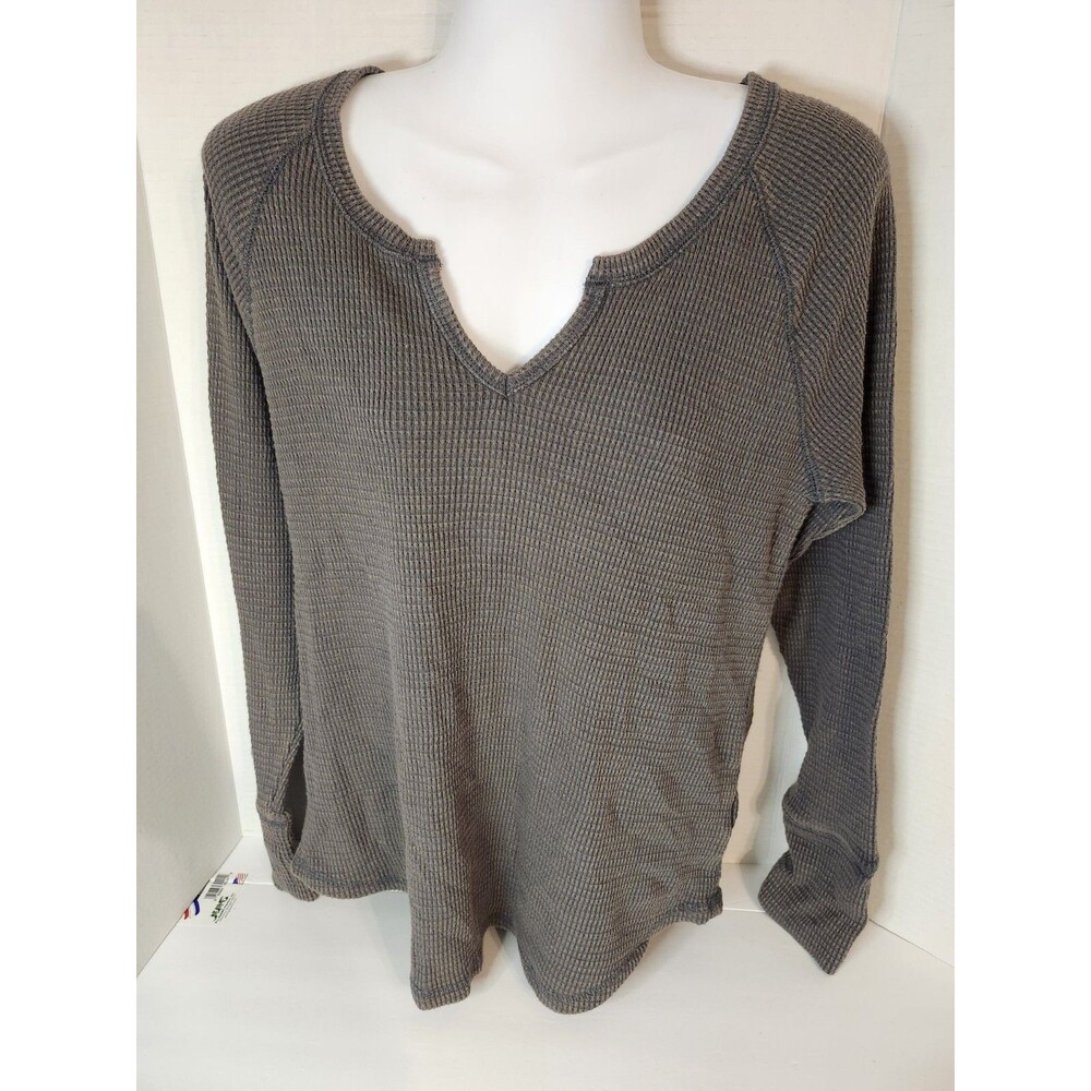 Knox Rose Womens Thermal Tunic Top Size L Gray Y Neck Long Sleeve Waffle Knit